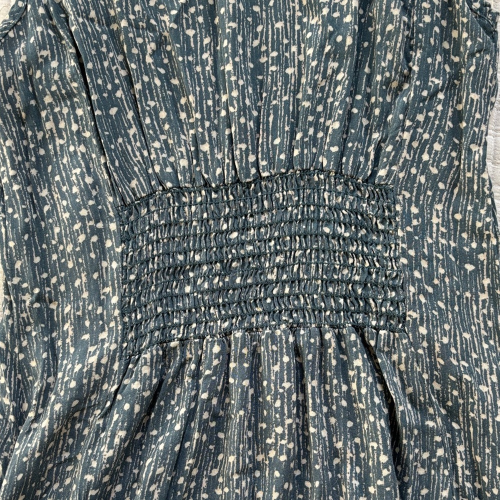Mahina Women’s Summer Dress Dark Sage and Cream Spots, Slit in Front - Picture 7 of 8
